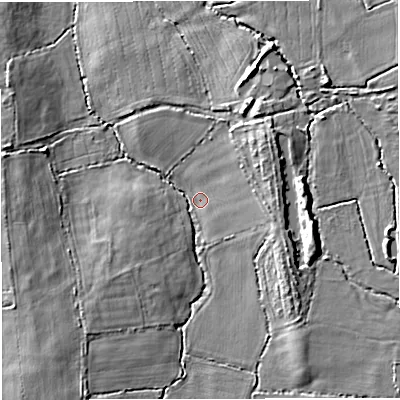 Shaded relief map of the ground around BS377JF, computed from Environment Agency LiDAR. The ground here sits at about 71 m above sea level and falls 11 m across the surrounding 800 m. Surface water reaching this point runs off ground lying to the south-east, 7.7 m higher.