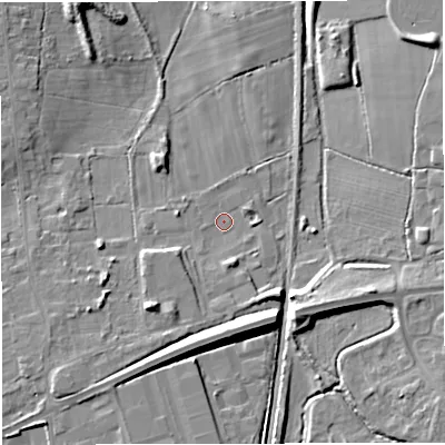 Shaded relief map of the ground around BS377PN, computed from Environment Agency LiDAR. The ground here sits at about 67 m above sea level and falls 11 m across the surrounding 800 m. Surface water reaching this point runs off ground lying to the south-west, 6.5 m higher.