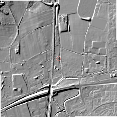 Shaded relief map of the ground around BS377PP, computed from Environment Agency LiDAR. The ground here sits at about 66 m above sea level and falls 12 m across the surrounding 800 m. Surface water reaching this point runs off ground lying to the south, 8.6 m higher.