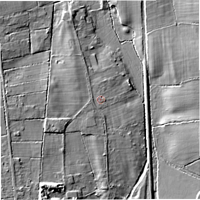 Shaded relief map of the ground around BS377PX, computed from Environment Agency LiDAR. The ground here sits at about 68 m above sea level and falls 14 m across the surrounding 800 m. Surface water reaching this point runs off ground lying to the west-south-west, 1.3 m higher.