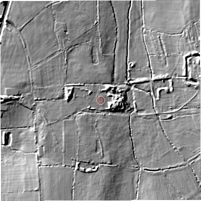 Shaded relief map of the ground around BS377QB, computed from Environment Agency LiDAR. The ground here sits at about 68 m above sea level and falls 13 m across the surrounding 800 m. Surface water reaching this point runs off ground lying to the east-south-east, 4.5 m higher.