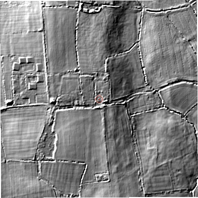 Shaded relief map of the ground around BS377QL, computed from Environment Agency LiDAR. The ground here sits at about 72 m above sea level and falls 13 m across the surrounding 800 m. Surface water reaching this point runs off ground lying to the east, 1.0 m higher.