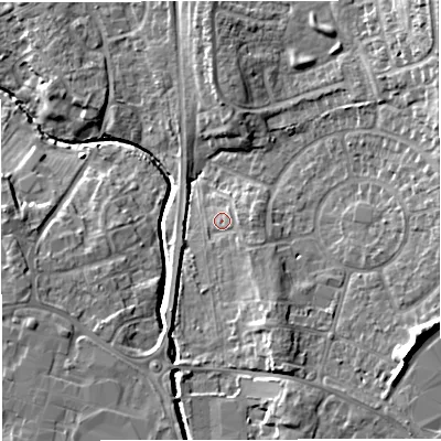 Shaded relief map of the ground around BS377RA, computed from Environment Agency LiDAR. The ground here sits at about 82 m above sea level and falls 19 m across the surrounding 800 m. Surface water reaching this point runs off ground lying to the east, 2.4 m higher.