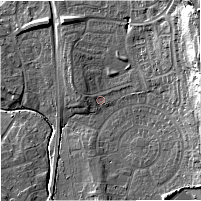 Shaded relief map of the ground around BS377SJ, computed from Environment Agency LiDAR. The ground here sits at about 82 m above sea level and falls 35 m across the surrounding 800 m. Surface water reaching this point runs off ground lying to the east-north-east, 27.7 m higher.
