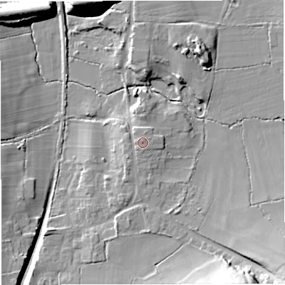 Shaded relief map of the ground around BS378QH, computed from Environment Agency LiDAR. The ground here sits at about 77 m above sea level and falls 28 m across the surrounding 800 m. The ground contributing surface water to this point lies to the north-north-west.