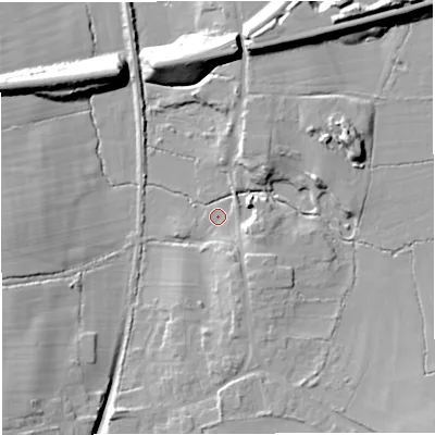 Shaded relief map of the ground around BS378QJ, computed from Environment Agency LiDAR. The ground here sits at about 71 m above sea level and falls 21 m across the surrounding 800 m. Surface water reaching this point runs off ground lying to the south-east, 12.3 m higher.