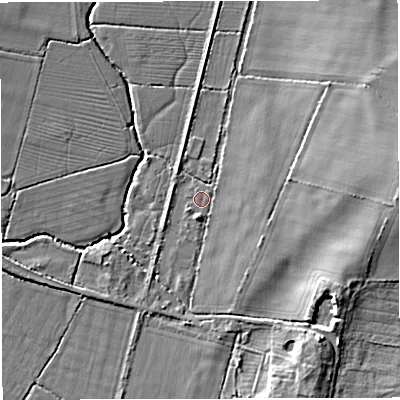 Shaded relief map of the ground around BS379AA, computed from Environment Agency LiDAR. The ground here sits at about 50 m above sea level and falls 10 m across the surrounding 800 m. Surface water reaching this point runs off ground lying to the east, 5.3 m higher.