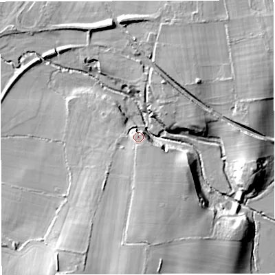 Shaded relief map of the ground around BS379TD, computed from Environment Agency LiDAR. The ground here sits at about 61 m above sea level and falls 16 m across the surrounding 800 m. Surface water reaching this point runs off ground lying to the south-south-east, 7.4 m higher.