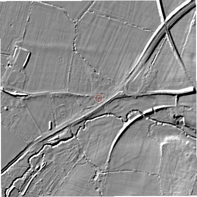 Shaded relief map of the ground around BS379TF, computed from Environment Agency LiDAR. The ground here sits at about 52 m above sea level and falls 14 m across the surrounding 800 m. Surface water reaching this point runs off ground lying to the east, 1.4 m higher.