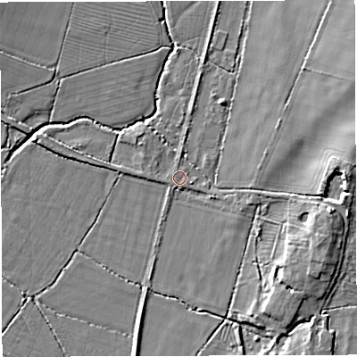 Shaded relief map of the ground around BS379TL, computed from Environment Agency LiDAR. The ground here sits at about 50 m above sea level and falls 9 m across the surrounding 800 m. Surface water reaching this point runs off ground lying to the east-south-east, 1.0 m higher.