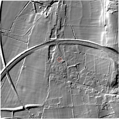 Shaded relief map of the ground around BS379TQ, computed from Environment Agency LiDAR. The ground here sits at about 58 m above sea level and falls 19 m across the surrounding 800 m. Surface water reaching this point runs off ground lying to the south, 2.0 m higher.