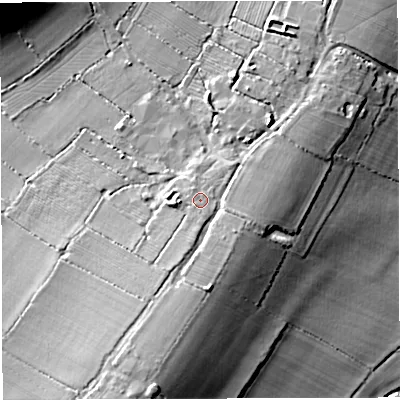Shaded relief map of the ground around BS379TZ, computed from Environment Agency LiDAR. The ground here sits at about 63 m above sea level and falls 25 m across the surrounding 800 m. Surface water reaching this point runs off ground lying to the south-south-east, 1.2 m higher.