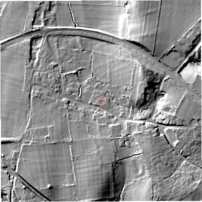 Shaded relief map of the ground around BS379UH, computed from Environment Agency LiDAR. The ground here sits at about 60 m above sea level and falls 18 m across the surrounding 800 m. Surface water reaching this point runs off ground lying to the south-east, 1.6 m higher.