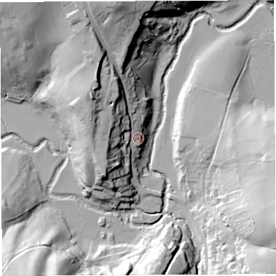 Shaded relief map of the ground around BS394AA, computed from Environment Agency LiDAR. The ground here sits at about 43 m above sea level and falls 49 m across the surrounding 800 m. Surface water reaching this point runs off ground lying to the north-west, 27.4 m higher.