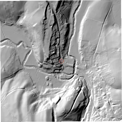 Shaded relief map of the ground around BS394AF, computed from Environment Agency LiDAR. The ground here sits at about 36 m above sea level and falls 55 m across the surrounding 800 m. Surface water reaching this point runs off ground lying to the west-north-west, 27.4 m higher.