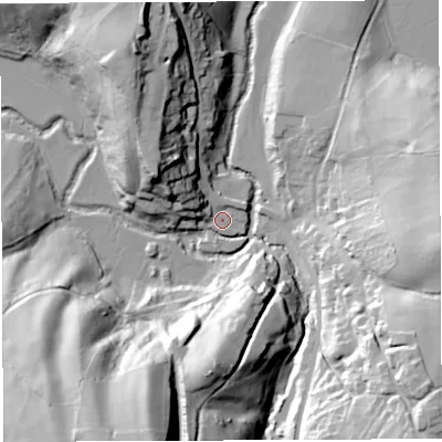 Shaded relief map of the ground around BS394AH, computed from Environment Agency LiDAR. The ground here sits at about 33 m above sea level and falls 58 m across the surrounding 800 m. Surface water reaching this point runs off ground lying to the west-north-west, 16.2 m higher.