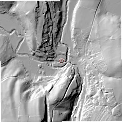 Shaded relief map of the ground around BS394AJ, computed from Environment Agency LiDAR. The ground here sits at about 33 m above sea level and falls 59 m across the surrounding 800 m. Surface water reaching this point runs off ground lying to the north-west, 16.3 m higher.
