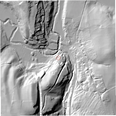 Shaded relief map of the ground around BS394AL, computed from Environment Agency LiDAR. The ground here sits at about 40 m above sea level and falls 59 m across the surrounding 800 m. Surface water reaching this point runs off ground lying to the south, 16.6 m higher.