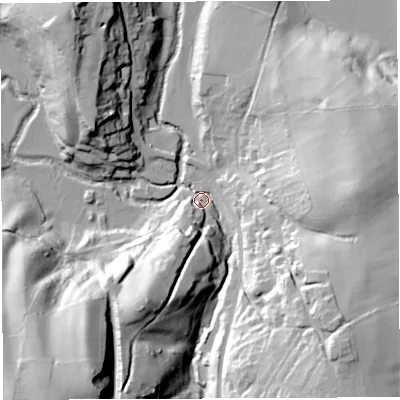 Shaded relief map of the ground around BS394AN, computed from Environment Agency LiDAR. The ground here sits at about 34 m above sea level and falls 59 m across the surrounding 800 m. Surface water reaching this point runs off ground lying to the south-south-west, 47.0 m higher.
