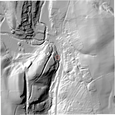 Shaded relief map of the ground around BS394AP, computed from Environment Agency LiDAR. The ground here sits at about 37 m above sea level and falls 59 m across the surrounding 800 m. Surface water reaching this point runs off ground lying to the south-west, 50.3 m higher.