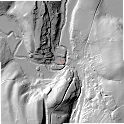 Shaded relief map of the ground around BS394AQ, computed from Environment Agency LiDAR. The ground here sits at about 33 m above sea level and falls 59 m across the surrounding 800 m. Surface water reaching this point runs off ground lying to the south-south-west, 58.1 m higher.