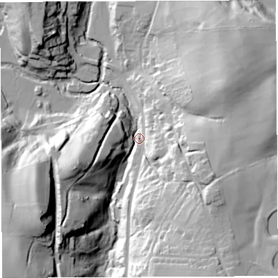 Shaded relief map of the ground around BS394AR, computed from Environment Agency LiDAR. The ground here sits at about 41 m above sea level and falls 61 m across the surrounding 800 m. Surface water reaching this point runs off ground lying to the south-west, 54.5 m higher.