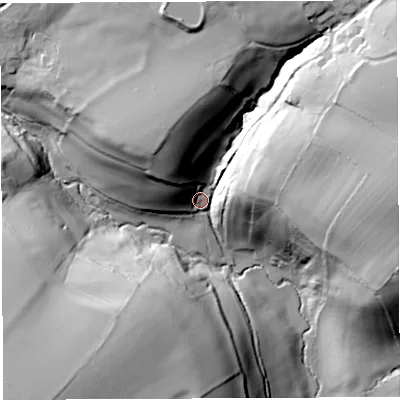 Shaded relief map of the ground around BS394EU, computed from Environment Agency LiDAR. The ground here sits at about 56 m above sea level and falls 57 m across the surrounding 800 m. Surface water reaching this point runs off ground lying to the east-north-east, 45.1 m higher.