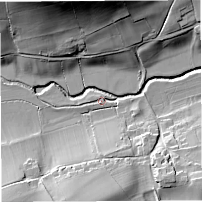 Shaded relief map of the ground around BS394HF, computed from Environment Agency LiDAR. The ground here sits at about 38 m above sea level and falls 41 m across the surrounding 800 m. Surface water reaching this point runs off ground lying to the south-west, 4.1 m higher.