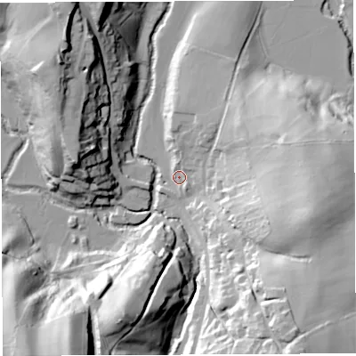 Shaded relief map of the ground around BS394HL, computed from Environment Agency LiDAR. The ground here sits at about 34 m above sea level and falls 57 m across the surrounding 800 m. Surface water reaching this point runs off ground lying to the east-north-east, 22.9 m higher.