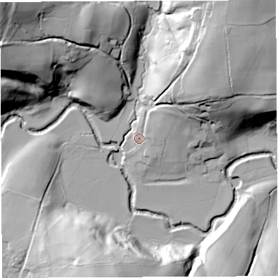 Shaded relief map of the ground around BS394HP, computed from Environment Agency LiDAR. The ground here sits at about 33 m above sea level and falls 57 m across the surrounding 800 m. Surface water reaching this point runs off ground lying to the north-east, 12.7 m higher.