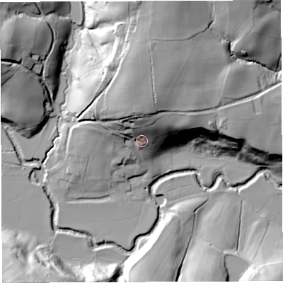 Shaded relief map of the ground around BS394HR, computed from Environment Agency LiDAR. The ground here sits at about 41 m above sea level and falls 38 m across the surrounding 800 m. Surface water reaching this point runs off ground lying to the north, 25.0 m higher.