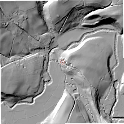 Shaded relief map of the ground around BS394HU, computed from Environment Agency LiDAR. The ground here sits at about 30 m above sea level and falls 43 m across the surrounding 800 m. Surface water reaching this point runs off ground lying to the south-east, 19.5 m higher.