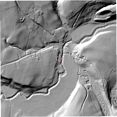 Shaded relief map of the ground around BS394HX, computed from Environment Agency LiDAR. The ground here sits at about 28 m above sea level and falls 43 m across the surrounding 800 m. Surface water reaching this point runs off ground lying to the west-south-west, 27.3 m higher.