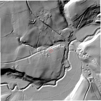 Shaded relief map of the ground around BS394HY, computed from Environment Agency LiDAR. The ground here sits at about 36 m above sea level and falls 44 m across the surrounding 800 m. Surface water reaching this point runs off ground lying to the west, 24.5 m higher.
