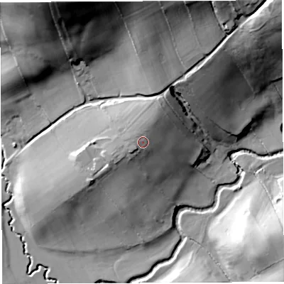 Shaded relief map of the ground around BS394JL, computed from Environment Agency LiDAR. The ground here sits at about 57 m above sea level and falls 63 m across the surrounding 800 m. Surface water reaching this point runs off ground lying to the north, 3.7 m higher.