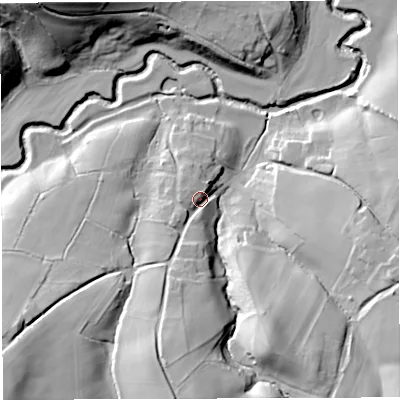 Shaded relief map of the ground around BS394JZ, computed from Environment Agency LiDAR. The ground here sits at about 29 m above sea level and falls 40 m across the surrounding 800 m. Surface water reaching this point runs off ground lying to the south, 25.9 m higher.