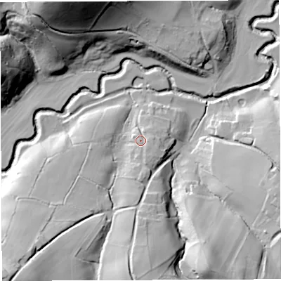 Shaded relief map of the ground around BS394LA, computed from Environment Agency LiDAR. The ground here sits at about 29 m above sea level and falls 55 m across the surrounding 800 m. Surface water reaching this point runs off ground lying to the south, 6.3 m higher.
