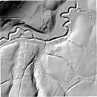 Shaded relief map of the ground around BS394LQ, computed from Environment Agency LiDAR. The ground here sits at about 23 m above sea level and falls 68 m across the surrounding 800 m. Surface water reaching this point runs off ground lying to the south-east, 21.5 m higher.