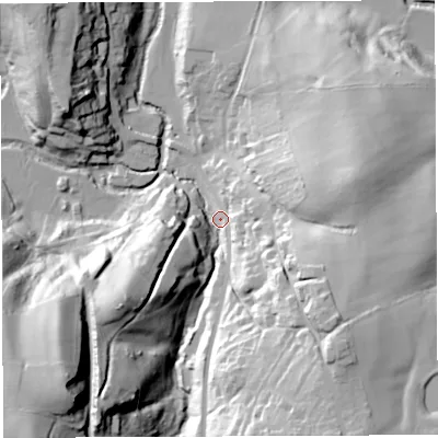 Shaded relief map of the ground around BS394NA, computed from Environment Agency LiDAR. The ground here sits at about 36 m above sea level and falls 61 m across the surrounding 800 m. Surface water reaching this point runs off ground lying to the south-west, 45.2 m higher.
