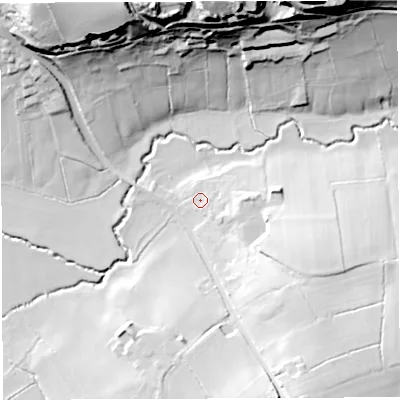 Shaded relief map of the ground around BS395AA, computed from Environment Agency LiDAR. The ground here sits at about 90 m above sea level and falls 49 m across the surrounding 800 m. Surface water reaching this point runs off ground lying to the south-east, 6.2 m higher.