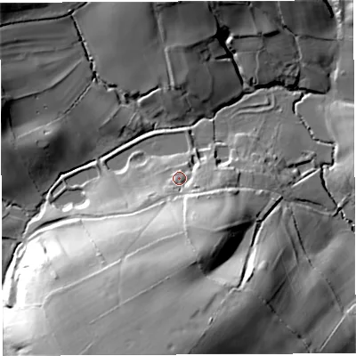 Shaded relief map of the ground around BS395AH, computed from Environment Agency LiDAR. The ground here sits at about 108 m above sea level and falls 47 m across the surrounding 800 m. Surface water reaching this point runs off ground lying to the south-south-west, 35.7 m higher.