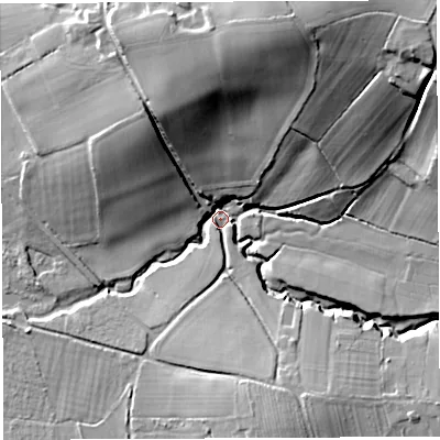 Shaded relief map of the ground around BS395TX, computed from Environment Agency LiDAR. The ground here sits at about 58 m above sea level and falls 34 m across the surrounding 800 m. Surface water reaching this point runs off ground lying to the north-north-east, 33.4 m higher.