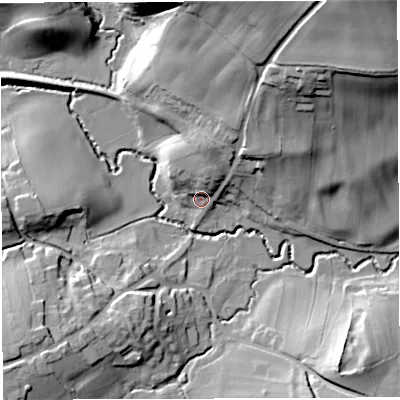 Shaded relief map of the ground around BS396EE, computed from Environment Agency LiDAR. The ground here sits at about 84 m above sea level and falls 43 m across the surrounding 800 m. Surface water reaching this point runs off ground lying to the north-east, 38.6 m higher.