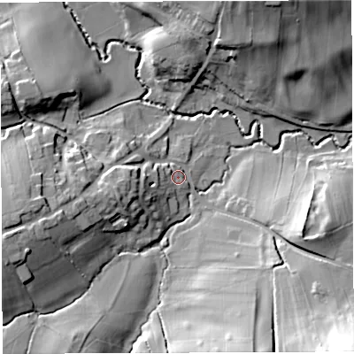Shaded relief map of the ground around BS396EG, computed from Environment Agency LiDAR. The ground here sits at about 85 m above sea level and falls 35 m across the surrounding 800 m. Surface water reaching this point runs off ground lying to the west-south-west, 7.9 m higher.