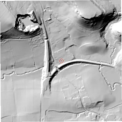 Shaded relief map of the ground around BS396EH, computed from Environment Agency LiDAR. The ground here sits at about 87 m above sea level and falls 66 m across the surrounding 800 m. Surface water reaching this point runs off ground lying to the south, 6.9 m higher.