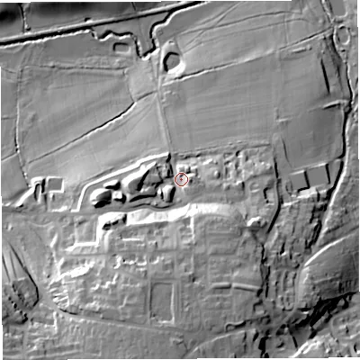 Shaded relief map of the ground around BS397AW, computed from Environment Agency LiDAR. The ground here sits at about 99 m above sea level and falls 46 m across the surrounding 800 m. Surface water reaching this point runs off ground lying to the south, 23.8 m higher.