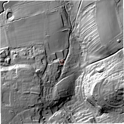 Shaded relief map of the ground around BS397NX, computed from Environment Agency LiDAR. The ground here sits at about 94 m above sea level and falls 57 m across the surrounding 800 m. Surface water reaching this point runs off ground lying to the south-west, 27.8 m higher.