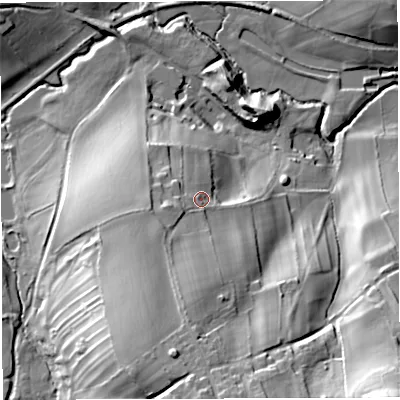 Shaded relief map of the ground around BS397PF, computed from Environment Agency LiDAR. The ground here sits at about 96 m above sea level and falls 58 m across the surrounding 800 m. Surface water reaching this point runs off ground lying to the south, 22.0 m higher.