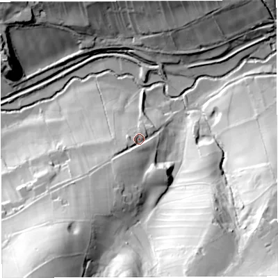Shaded relief map of the ground around BS397PU, computed from Environment Agency LiDAR. The ground here sits at about 87 m above sea level and falls 69 m across the surrounding 800 m. Surface water reaching this point runs off ground lying to the south-south-west, 25.4 m higher.