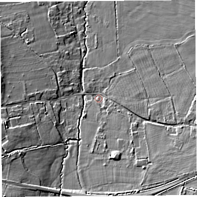 Shaded relief map of the ground around BS405BL, computed from Environment Agency LiDAR. The ground here sits at about 22 m above sea level and falls 14 m across the surrounding 800 m. Surface water reaching this point runs off ground lying to the south-east, 9.4 m higher.